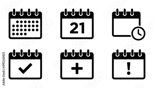 Minimalist calendar icon set, black flat vector schedule symbols, 6 planning and appointment interface elements for business apps