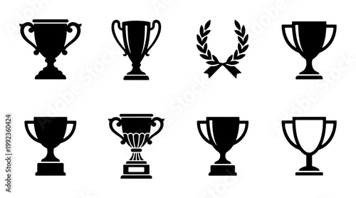 Trophy cup silhouette collection, 8 black award icons and laurel wreath vector set, championship prize symbols for sports and business achievement
