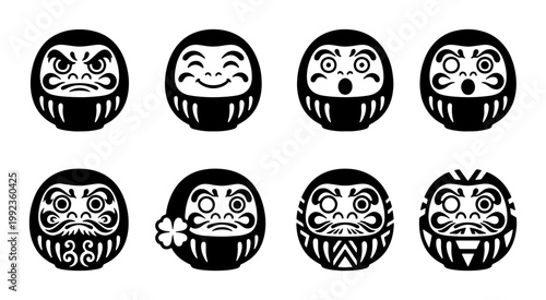 Japanese Daruma doll vector icons, set of 8 traditional black and white lucky charm characters, Zen Buddhist monk figurines with various facial expressions
