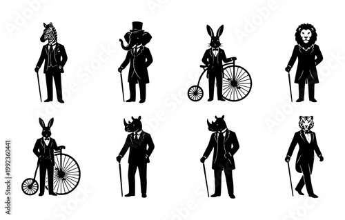 Vintage anthropomorphic animal silhouettes in Victorian suits, set of 8 gentleman animal characters, retro woodcut style icons with penny-farthing bicycles