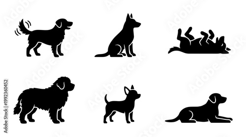 Black dog silhouette icons set, canine breed vector illustrations, domestic pet animal shapes in various poses, 6 minimalist puppy graphics