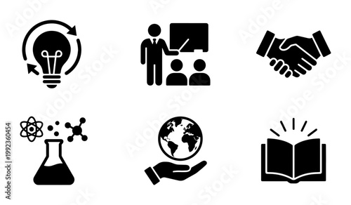 Business and education icons set, black solid vector symbols for corporate training, science research and global partnership concepts
