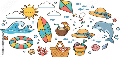 Summer beach vacation set with cute dolphin surfing board coconut cocktail sun clouds kite picnic basket sand bucket hat sea waves and coral vector illustration