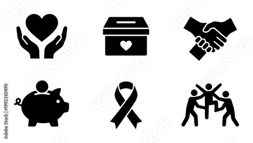 Charity and donation icon set, black solid vector symbols for nonprofit organizations, community support and volunteer work collection