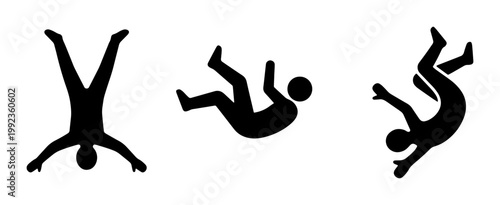 Falling person silhouette set, black stick figure man tumbling in mid-air, 3 vector icons of people dropping and crashing for accident safety concepts