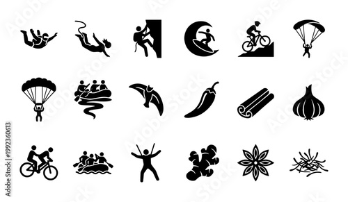 Extreme sports and spicy food ingredients icon set, 18 black vector silhouettes, adventure activities and culinary spices collection for infographic design