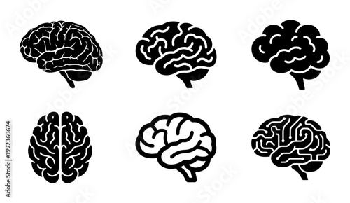 Human brain icon set with 6 black vector silhouettes, anatomical brain symbols for medical and mental health design, minimalist brain illustrations