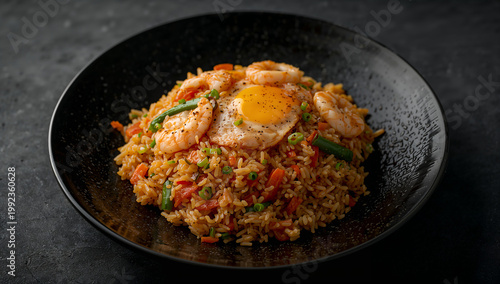 Shrimp fried rice with vegetables and fried egg in a dark bowl with asian cuisine with seafood dish with restaurant quality with complete meal with food photography with menu item with comfort food