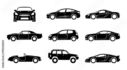 Modern car silhouette collection, set of 9 vehicle icons including sports cars, SUV, and sedan, black automotive vector graphics for web design