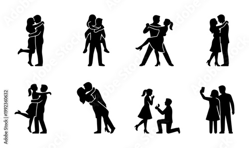 Romantic couple silhouettes set, 8 black vector icons of lovers dancing and hugging, wedding proposal and dating relationship graphics