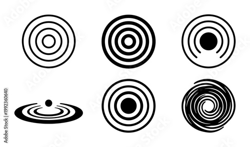 Concentric circle ripple icons set, black water drop wave symbols, minimalist sonar signal and radar pulse vector graphics on white background