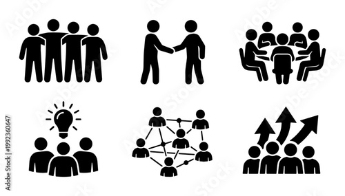 Business teamwork and collaboration icons set, black stick figure people meeting and networking symbols, corporate leadership and partnership vector collection