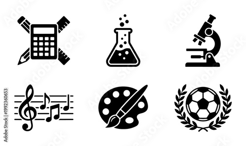 School subject icons set, black minimalist education symbols for science and art, 6 academic vector icons including math and music