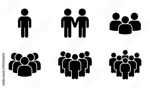 Minimalist people icon set, black silhouette human figures and group avatars, collection of 6 vector icons for community and team representation