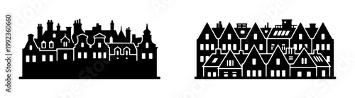 Vintage European city skyline silhouettes, historic old town building facades, black and white urban architecture vector set for travel design