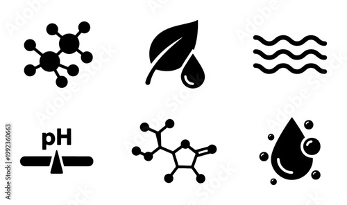 Scientific chemistry icons set, black molecule and pH level symbols, organic leaf and water drop vector elements for laboratory research and skincare