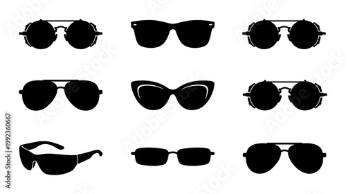 Vintage sunglasses silhouette set, 9 black eyewear icons including aviator and cat eye styles, retro sun glasses vector collection for fashion design