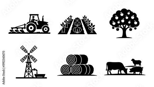 Agriculture and farming icon set, black silhouette farm symbols with tractor and livestock, 6 vector elements for organic food branding and rural industry