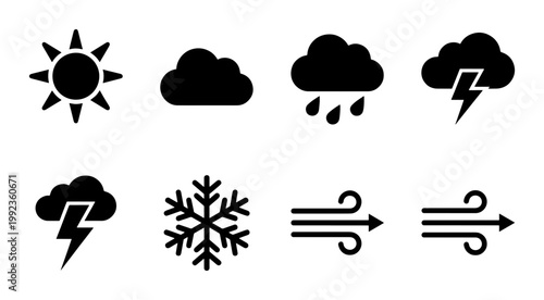 Minimalist weather icon set, black flat vector symbols for meteorology, 8 weather forecast elements including sun cloud rain and snow