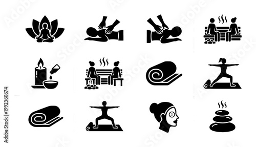 Wellness and spa icon set, black silhouette massage and yoga vector symbols, 12 professional health and beauty treatment elements for salon branding