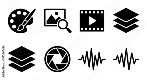 Multimedia production icons set, black solid vector symbols for video editing and graphic design, creative software interface elements for digital media