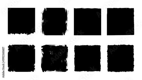 Fotografi Grunge black square frames set, 8 distressed ink brush stroke boxes, textured ha