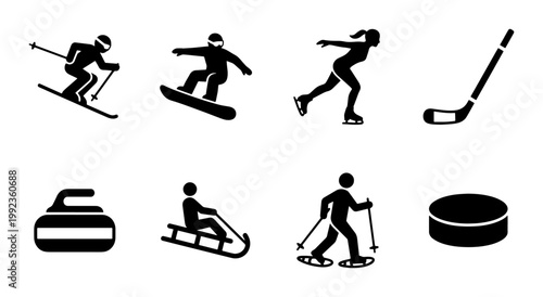 Winter sports icon set, black silhouette winter activities vector collection, 8 skiing snowboarding and ice hockey symbols for seasonal recreation