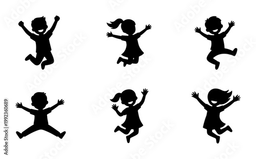Happy jumping children silhouettes, set of 6 joyful kids jumping in the air, black vector icons of active boys and girls playing