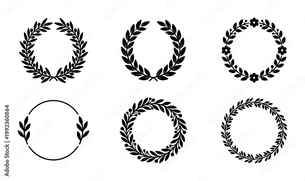 Obraz premium Laurel wreath vector set, black circular olive branch frames, 6 heraldic foliage crown icons, elegant floral border elements for awards and weddings