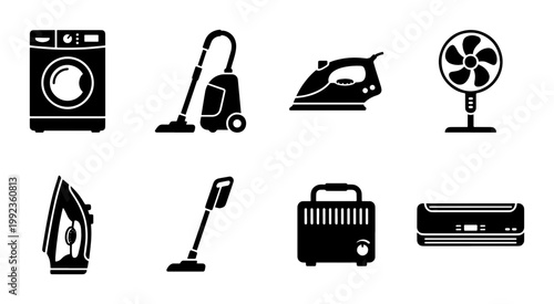 Modern home appliances icon set, black household electronics silhouettes, collection of 8 vector symbols for laundry and cleaning equipment