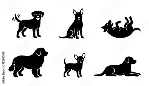 Minimalist dog silhouettes collection, set of 6 black canine vector icons, various dog breeds in different poses, flat pet animal graphics