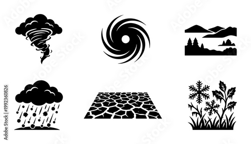 Natural disaster icons set, extreme weather and climate change symbols, black silhouette vector collection of tornado, drought, and hurricane