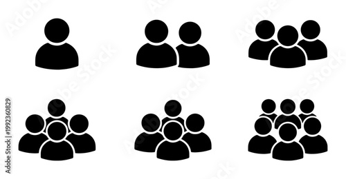 Minimalist user profile icons, black silhouette people symbols for team and community, set of 6 flat vector avatars for web interface design