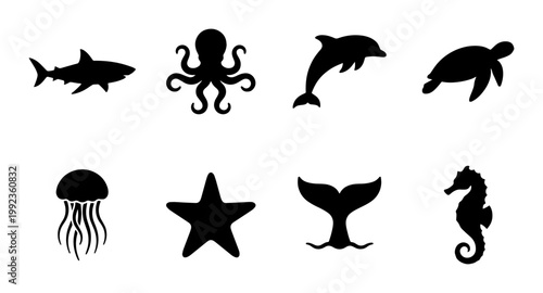 Marine animal silhouettes set of 8 vector icons, black sea life creatures including shark and octopus, aquatic wildlife symbols for ocean conservation