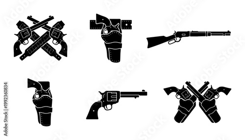 Vintage wild west gun icons, antique revolver and rifle silhouettes, set of 6 black western firearm vectors for cowboy themed designs