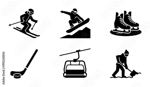 Winter sports icon set with 6 black vector silhouettes, skiing and snowboarding activities, ice hockey and skating equipment, mountain resort symbols
