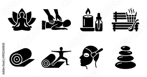 Spa and wellness icon set, 8 black glyph vectors for massage and yoga, beauty salon treatment symbols, meditation and sauna graphics