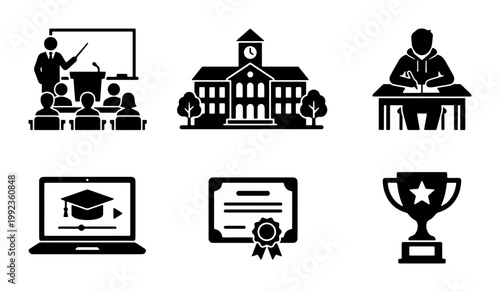 Education and school icon set, black solid vector symbols of university building and classroom, online learning and graduation diploma elements