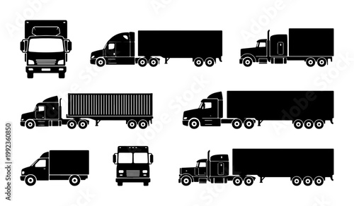 Black semi truck silhouette collection, heavy duty commercial vehicle icons, 8 freight transport vector elements for logistics and shipping design