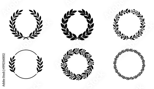 Laurel wreath vector set, black botanical circular frames for awards and logos, 6 elegant olive branch and floral foliage border elements