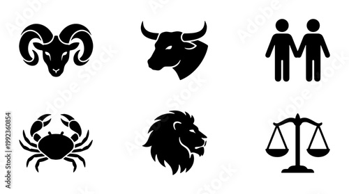 Zodiac signs black vector icons set, astrology horoscope symbols collection, minimalist celestial zodiac illustrations for web and print design
