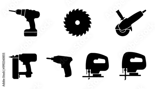 Foto Industrial power tools silhouette collection, professional construction equipmen