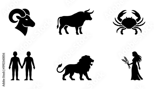 Zodiac signs black silhouette icons set, astrology horoscope symbols collection, 6 vector elements featuring Aries, Taurus, Cancer, Gemini, Leo, and Virgo