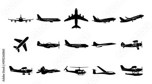 Black airplane silhouette icons, set of 15 aircraft vector elements, commercial aviation and private plane symbols, flight transportation graphics