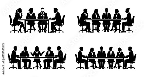 Business meeting silhouette set, corporate team sitting at conference table, professional office group discussion icons, executive board members vector
