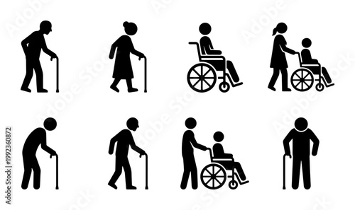 Elderly people and disability icons set, senior citizens with walking sticks and wheelchairs, geriatric care and nursing home vector silhouettes