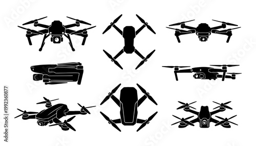 Modern drone silhouettes set, 8 quadcopter vector icons in black, aerial photography and surveillance drone equipment collection for tech design