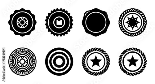 Vintage circular badge collection, 8 black wax seal icons and nautical stamp silhouettes, retro round emblem set for branding and certification