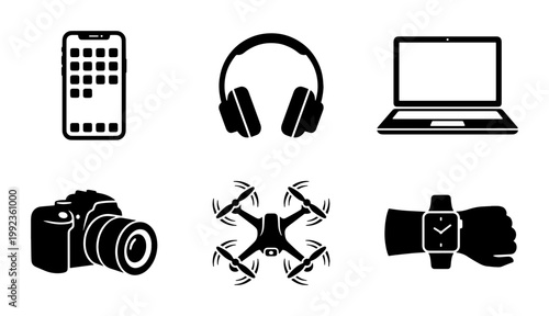 Modern technology icons set, black minimalist electronic devices vector collection, smartphone laptop and drone symbols for web design