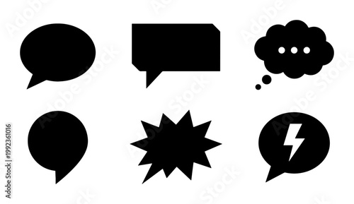 Black speech bubble icons set, comic book chat clouds and thought bubbles, 6 vector communication symbols for social media and web design